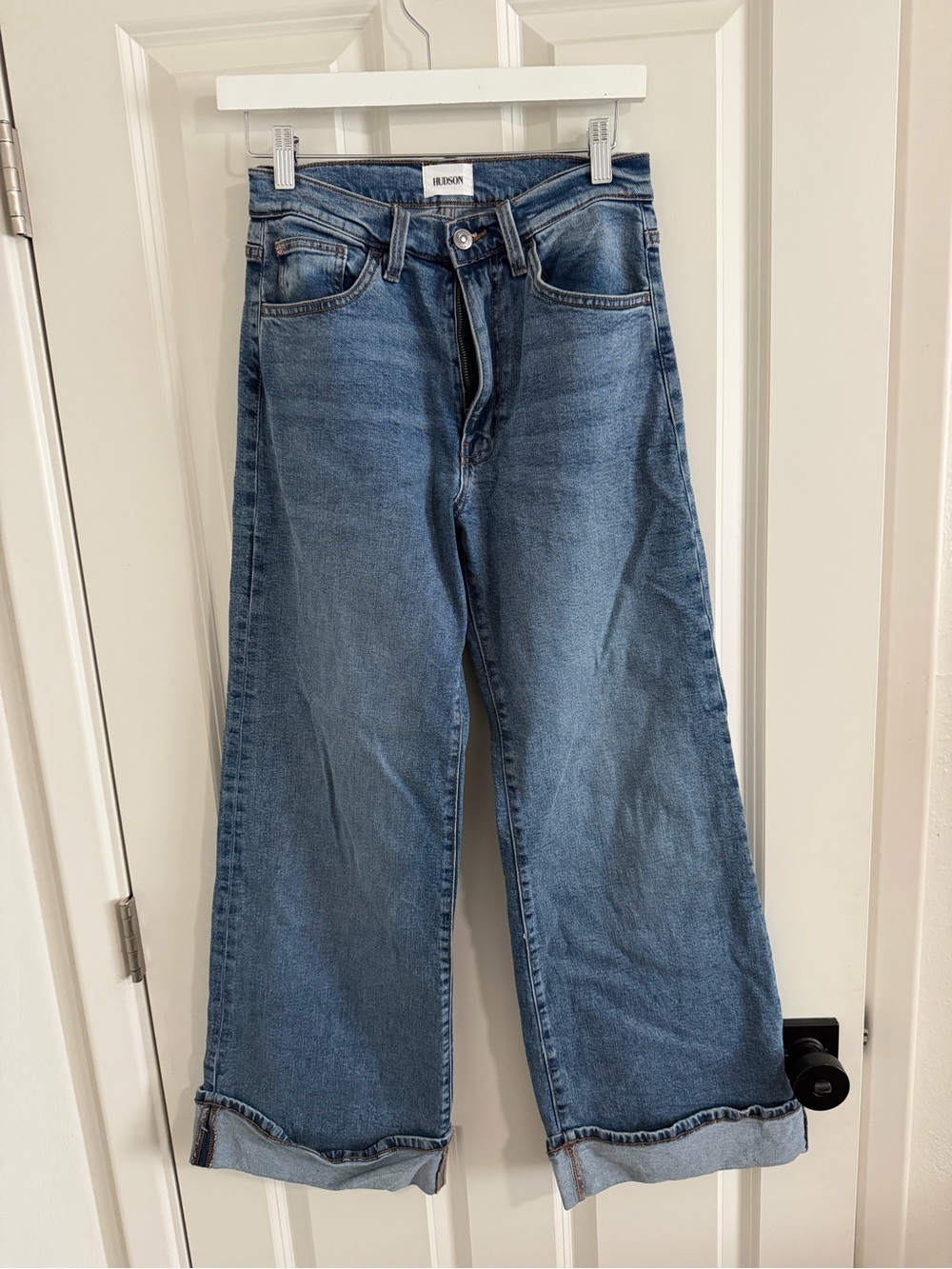 Hudson wide leg, cuffed medium wash jeans